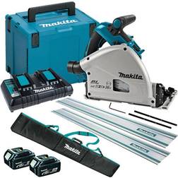 Makita DSP601ZJU 36V Brushless AWS Plunge Saw with 2 x 5.0Ah Battery & Twin Port Charger Accessories
