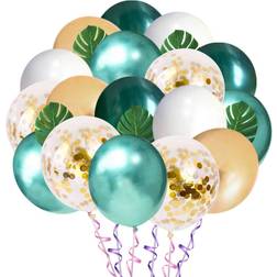 Jungle Theme Party Balloons 50 Pack, 12 Inches Green White Gold Latex Balloons with 10pcs Palm Leaves for Baby Shower, Tropical, Birthday Party Decorations