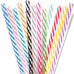 Dakoufish 12 Piece 11 Inch Reusable Plastic Thick Drinking Straws BPA Free Mason Jar Straws Transparent Small Stripe (11inch, Mix 12color)