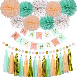 OuMuaMua Mint Peach Birthday Party Decorations, Happy Birthday Decoration Set with Birthday Banner Pom Poms Circle Dot Garland and Tassel Garland for Women Grils Birthday Party Decor