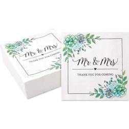 Succulent Floral Mr. and Mrs. Paper Napkins for Wedding (6.5 In, 100 Pack)