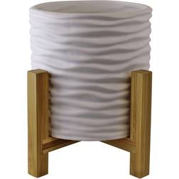 Geko Small White Stoneware Planter Wooden Stand