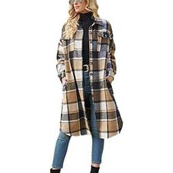 Women's Casual Lapel Button Down Long Plaid Shirt Coat Tartan Shacket Jacket