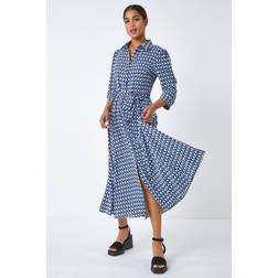 Roman Geometric Print Tie Waist Midi Shirt Dress