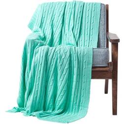 Homescapes Cotton Cable Knit Pastel Throw, 130 Blankets Blue, Green, Grey, Pink