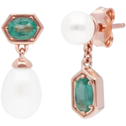 Gemondo Mismatched Drop Earrings - Rose Gold/Pearl/Emerald