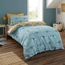 Bedlam Cool Cars Print 100% Cotton Reversible Duvet Cover Duck Egg, Junior