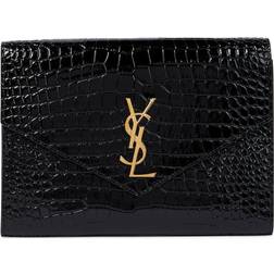 Saint Laurent Monogram Croc Embossed Leather Clutch Black/Gold