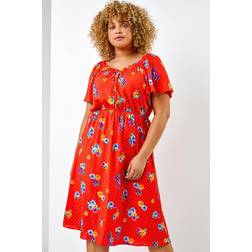 Roman Curve Spot Floral Print Sweetheart Midi Dress