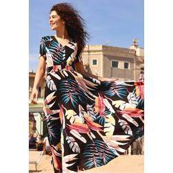 Roman Tropical Palm Shirred Waist Maxi Dress