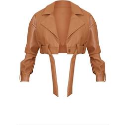 PrettyLittleThing Oversized Belted Hem Cropped Biker Jacket - Tan