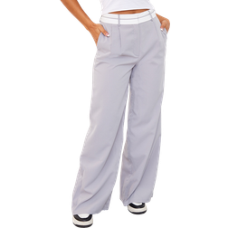 PrettyLittleThing Turn Over Waist Straight Leg Trousers - Light Grey