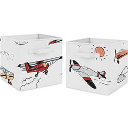 Sweet Jojo Designs Vintage Airplane Red & Blue Fabric Storage Bin Of 2 Cloth