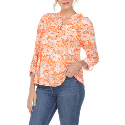 White Mark Women's Pleated Floral Print Blouse Orange Orange