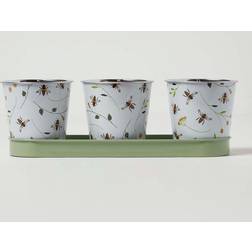 Homescapes Set of 3 Green and White Plant Pots with Floral Bee Green