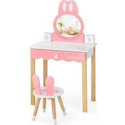 Costway Kids Vanity Set Rabbit White Armoire Makeup Dressing Chair