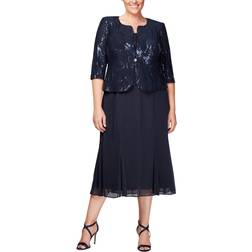 Alex Evenings Sequined Chiffon Dress and Jacket Plus Size - Navy