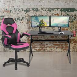 Emma + Oliver Black/Pink Gaming Desk Bundle - Cup/Headphone Wire Management