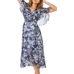 Roman Petite Floral Print Cape Midi Dress - Navy