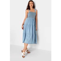 LTS tall blue denim shirred tiered dress