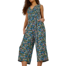 Roman Sleeveless Floral Print Stretch Jumpsuit - Blue