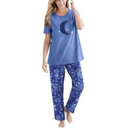 Dreams & Co Women's Graphic Tee PJ Set Plus Size - French Blue Tie Dye Moon