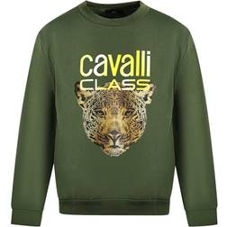 Roberto Cavalli class leopard print logo olive jumper