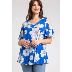 Roman Curve Floral Print Cold Shoulder Top - Royal Blue