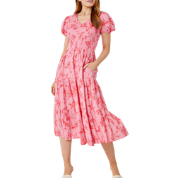 Roman Floral Shirred Waist Tiered Midi Dress - Pink