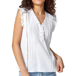 Roman Ruffle Detail Cotton Crinkle Top - Ivory