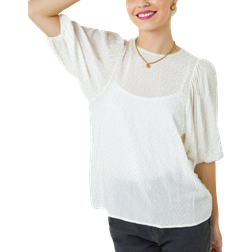 Dusk Glitter Spot Balloon Sleeve Top - White