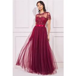 Goddiva Embroidered Mesh Maxi Dress Burgundy