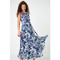 Roman Sleeveless Palm Print Pleated Maxi Dress