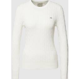 Gant Women Stretch Cotton Cable Knit Crew Neck Sweater White