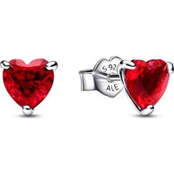 Pandora Heart Stud Earrings - Silver/Red