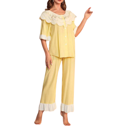 Shein Contrast Lace Ruffle Trim Flounce Sleeve PJ Set