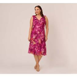 Plus Metallic Floral Chiffon Midi Dress With Ruffled Neckline In Raspberry Multi