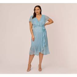 Adrianna Papell Plus Floral Metallic Stencil Midi-Length Mermaid Dress With Capelet In Light Blue