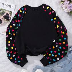 Shein Girl's Sporty Street Style Knit Heart Print Round Neck Long Sleeve Sweatshirt