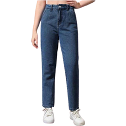 Shein Teenage Girls' High-waisted Straight Leg Jeans - Dark Wash