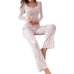Shein Toddler Girls' Ribbed Pajama Set With Small Rose Pattern Printing