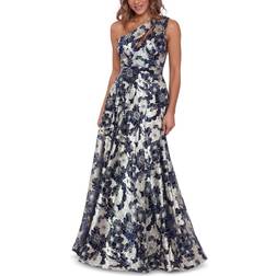 Betsy & Adam Gwen Long One Shoulder Wrap Foile Flower Dress - Navy/Gunmetal