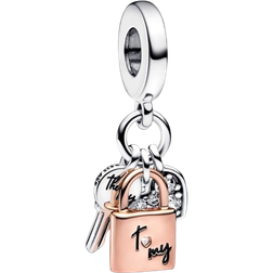 Pandora Key Padlock & Heart Triple Dangle Charm - Silver/Rose Gold/Black/Transparent