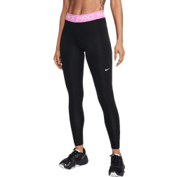 Nike Women's Pro Mid Rise Mesh Paneled Leggings - Black/Playful Pink/White