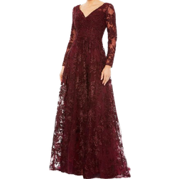 Mac Duggal Embellished Illusion Long Sleeve V Neck Gown - Mahogany