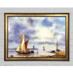 Longshore Tides Preparing To Dock Boat Illustration Gold Framed Art 118.9x84.1cm