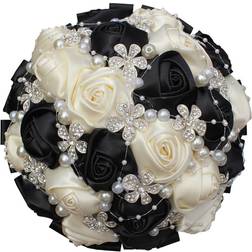 S-SSOY Shining Crystal Rhinestones Pearl Silk Rose Bridesmaid Bridal Artificial Bouquets Black/Creamy Decorative Item