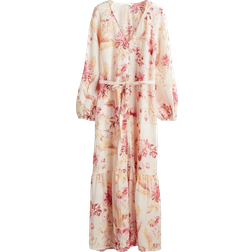 H&M Tie Belt Crepe Dress - Cream White/Floral