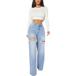 Shein SXY Single Button Cut Out Ripped Frayed Wide Leg Jeans