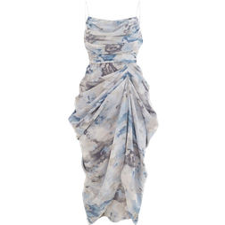 PrettyLittleThing Abstract Print Ruched Drape Midi Dress - Grey